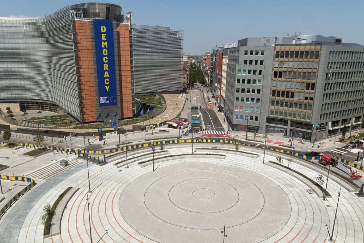 An aerial view of the newly repaved Schuman Square roundabout beside the European Commission's Berlaymont building in Brussels