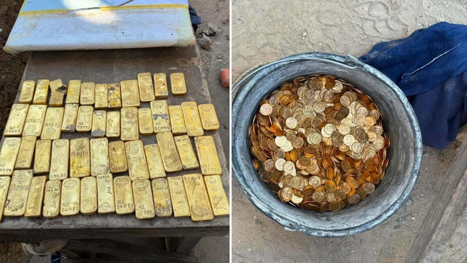 Rows of gold bars and a bucket filled with gold coins found in the walls of a house in Belgium